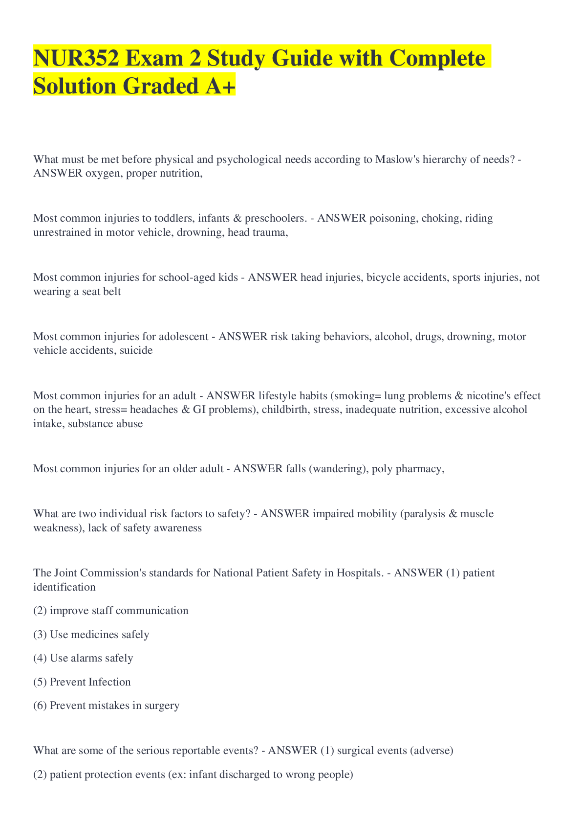 Preview image of NUR352 Exam 2 Study Guide with Complete Solution Graded A+ document